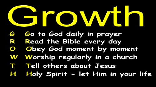 Growth in prayer, reading the Bible, obedience, worship, telling others and Holy Spirit
